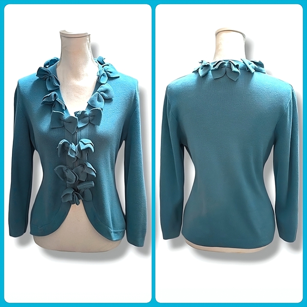Vintage 90s Cute Bow Appliques Full Zip Cardigan L